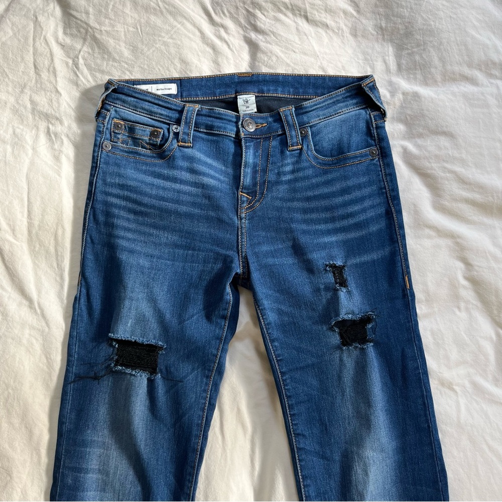 Women’s True Religion Billie Mid-Rise Straight Raw-Hem Blue Jeans - Picture 2 of 7